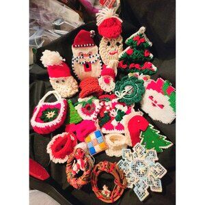 Crocheted Christmas Ornaments Set Of 28 Handmade Decor Wreaths Santa Stockings T